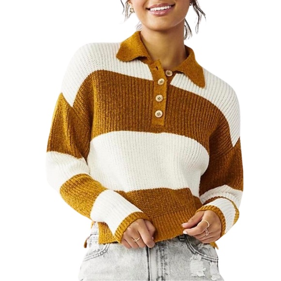 SO Sweaters - SO Cropped Knit Sweater Striped White and Mustard Blokecore Size Large